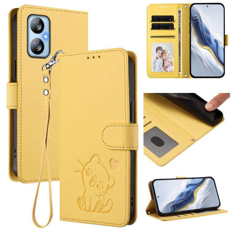 For Blackview A52 / A52 Pro Embossed Heart Cat Leather Phone Case with Hand Strap(Yellow)