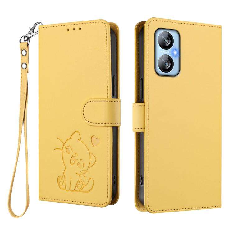 For Blackview A52 / A52 Pro Embossed Heart Cat Leather Phone Case with Hand Strap(Yellow)