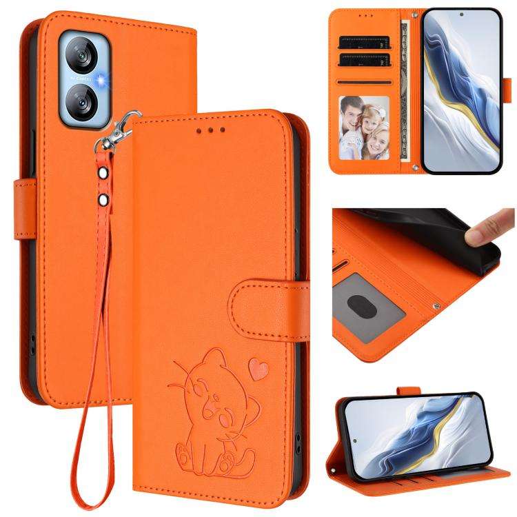 For Blackview A52 / A52 Pro Embossed Heart Cat Leather Phone Case with Hand Strap(Orange)