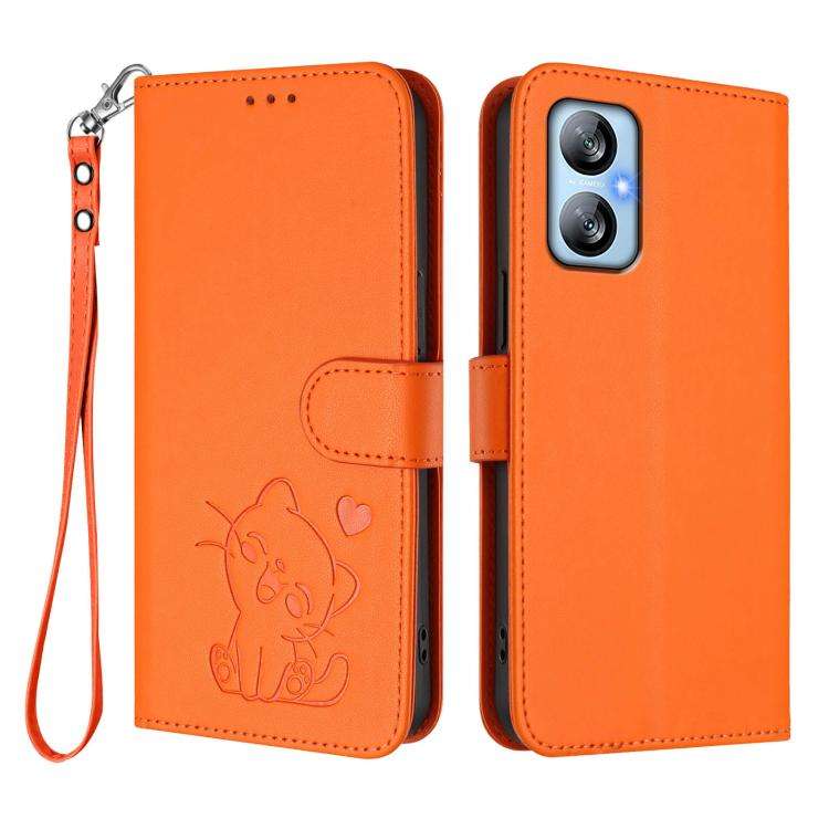 For Blackview A52 / A52 Pro Embossed Heart Cat Leather Phone Case with Hand Strap(Orange)
