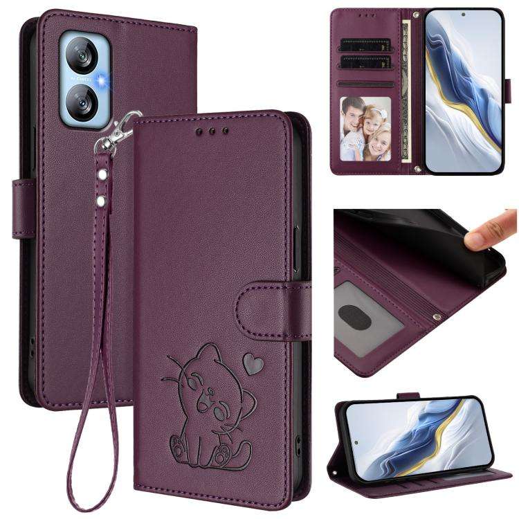 For Blackview A52 / A52 Pro Embossed Heart Cat Leather Phone Case with Hand Strap(Dark Purple)