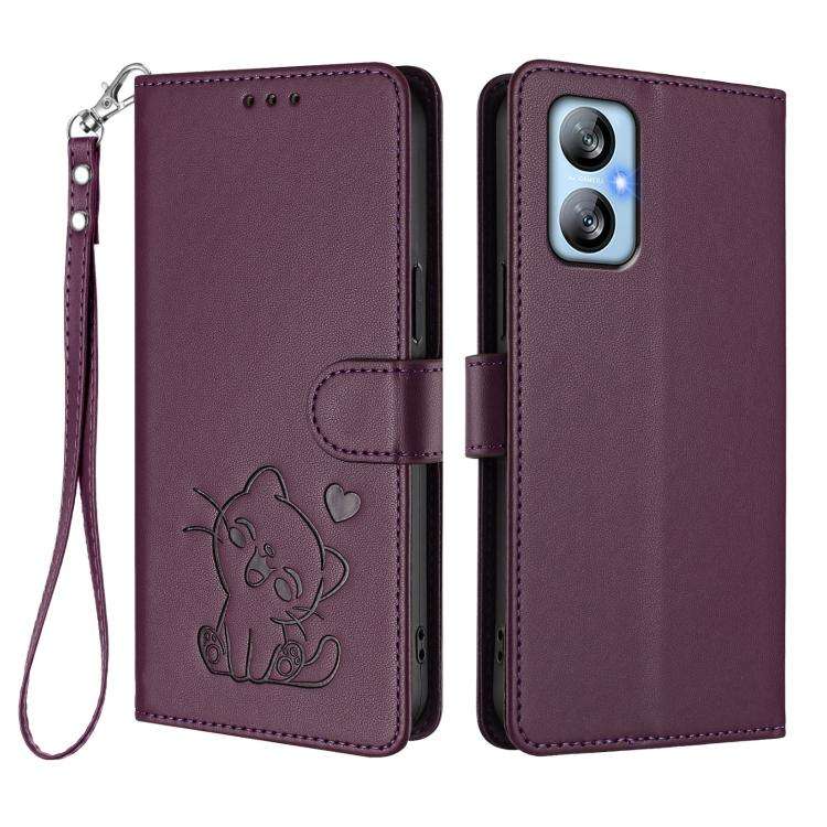 For Blackview A52 / A52 Pro Embossed Heart Cat Leather Phone Case with Hand Strap(Dark Purple)