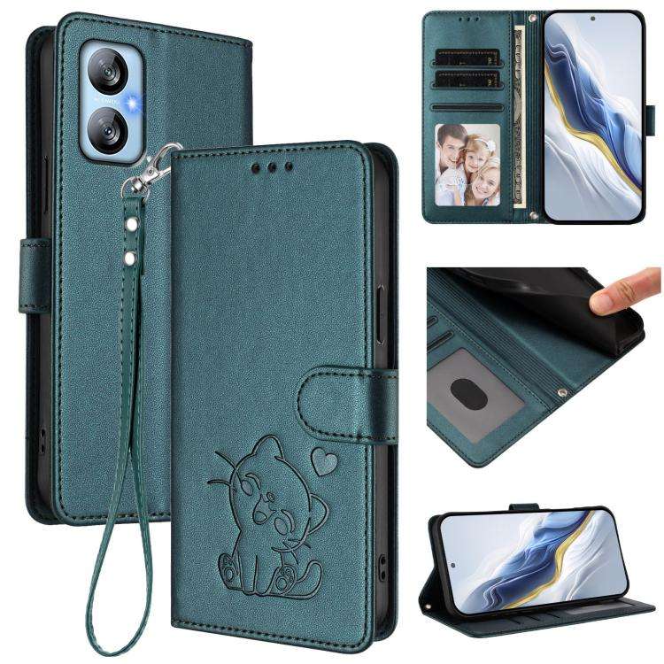 For Blackview A52 / A52 Pro Embossed Heart Cat Leather Phone Case with Hand Strap(Dark Green)