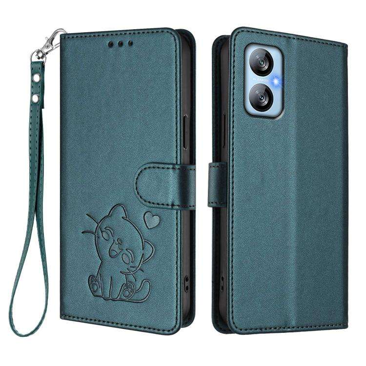 For Blackview A52 / A52 Pro Embossed Heart Cat Leather Phone Case with Hand Strap(Dark Green)