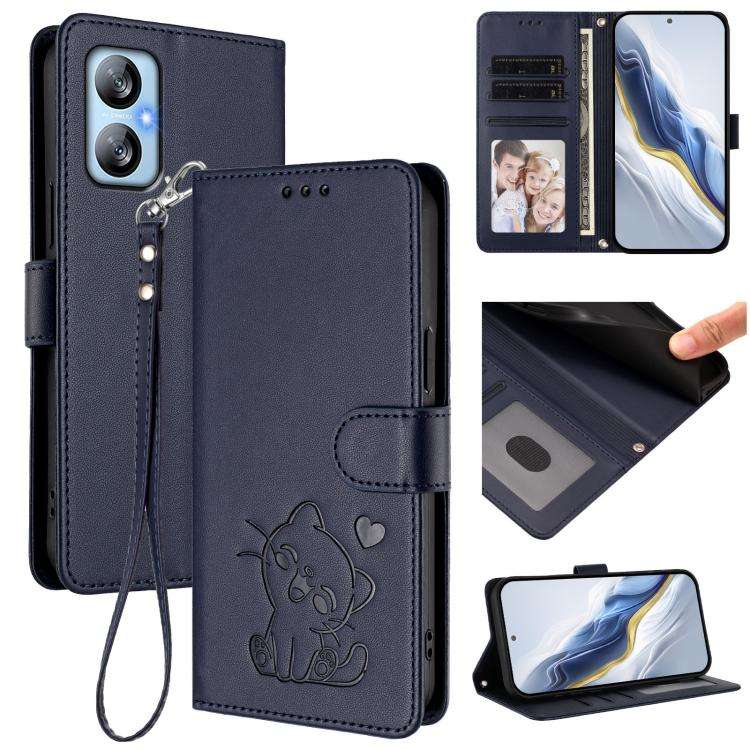 For Blackview A52 / A52 Pro Embossed Heart Cat Leather Phone Case with Hand Strap(Blue)