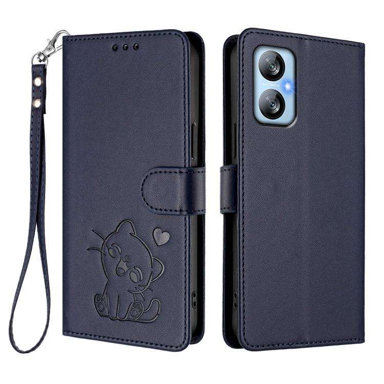 For Blackview A52 / A52 Pro Embossed Heart Cat Leather Phone Case with Hand Strap(Blue)