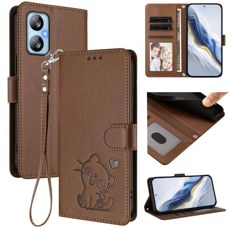 For Blackview A52 / A52 Pro Embossed Heart Cat Leather Phone Case with Hand Strap(Brown)