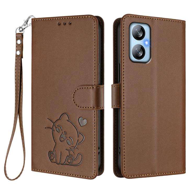For Blackview A52 / A52 Pro Embossed Heart Cat Leather Phone Case with Hand Strap(Brown)