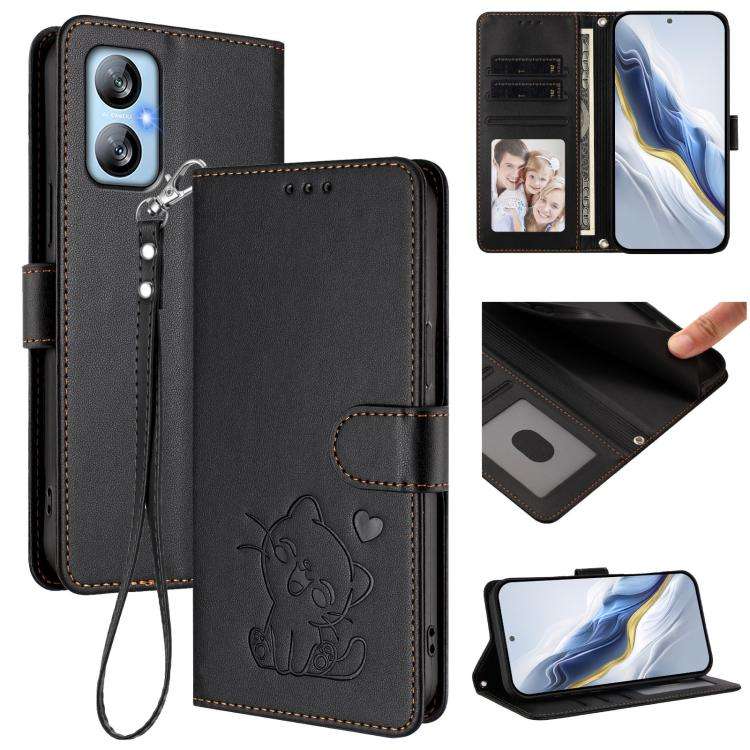 For Blackview A52 / A52 Pro Embossed Heart Cat Leather Phone Case with Hand Strap(Black)