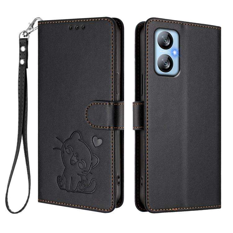 For Blackview A52 / A52 Pro Embossed Heart Cat Leather Phone Case with Hand Strap(Black)