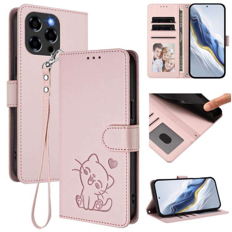 For Doogee Note 58 / Note 58 Pro Embossed Heart Cat Leather Phone Case with Hand Strap(Pink)