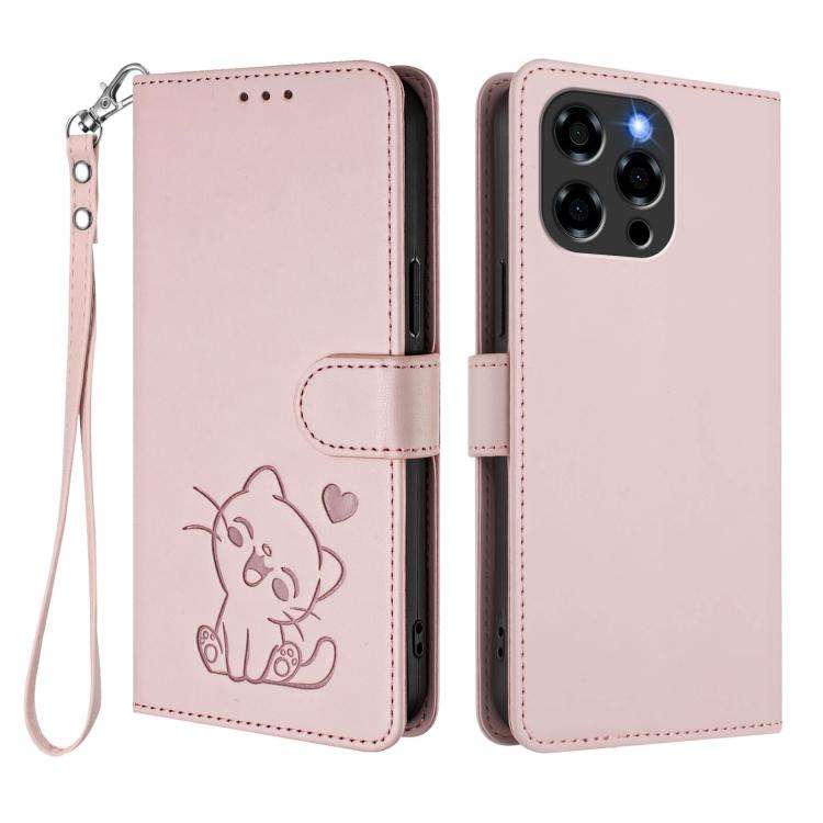 For Doogee Note 58 / Note 58 Pro Embossed Heart Cat Leather Phone Case with Hand Strap(Pink)