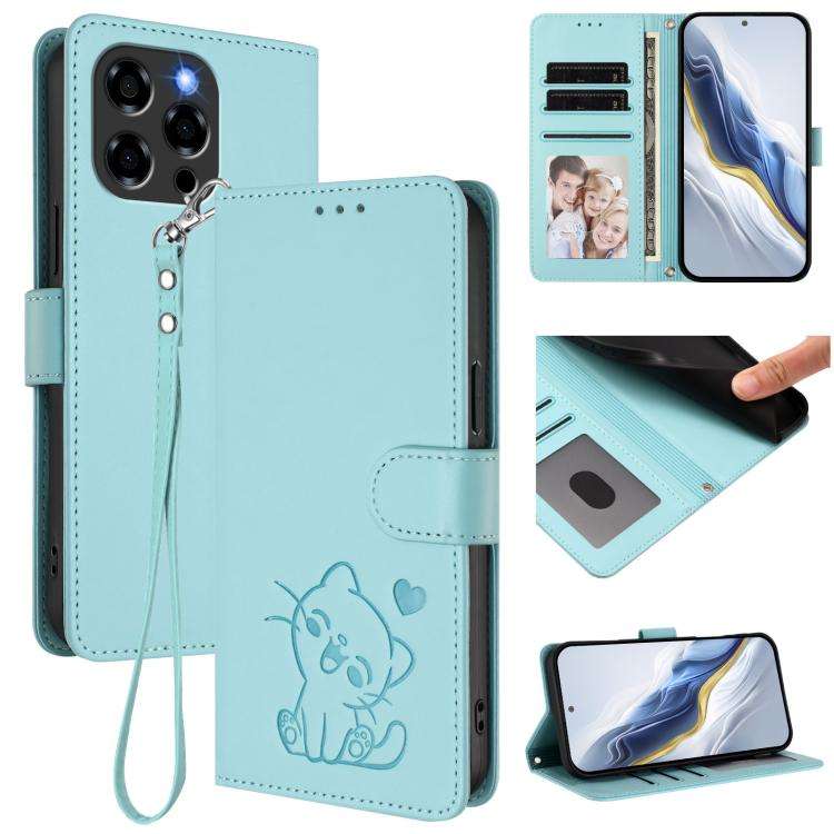 For Doogee Note 58 / Note 58 Pro Embossed Heart Cat Leather Phone Case with Hand Strap(Mint Green)
