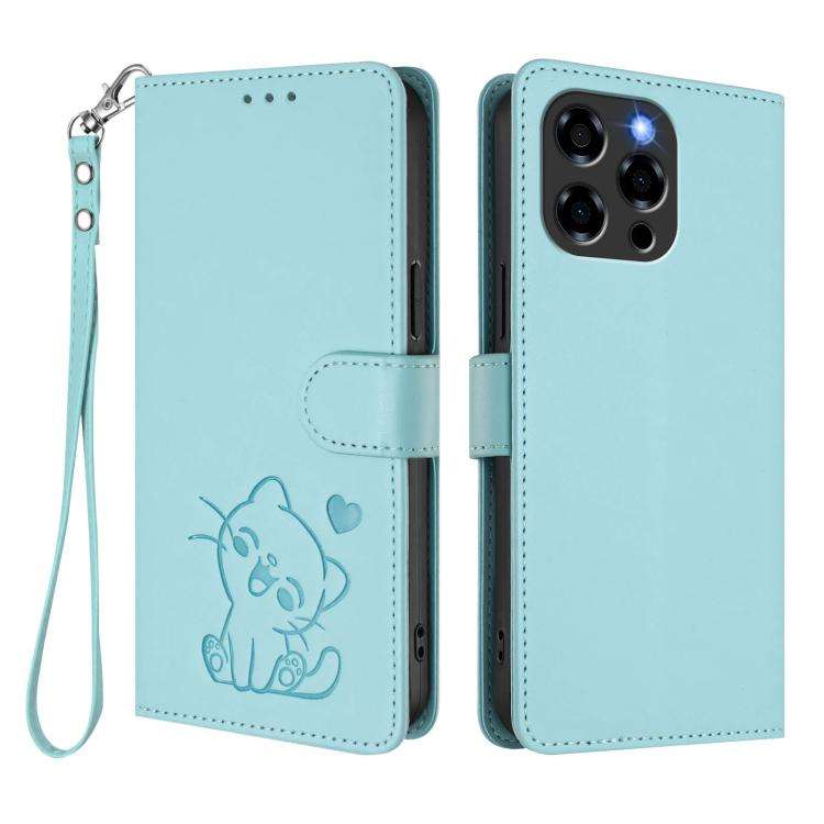 For Doogee Note 58 / Note 58 Pro Embossed Heart Cat Leather Phone Case with Hand Strap(Mint Green)