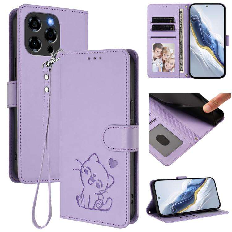 For Doogee Note 58 / Note 58 Pro Embossed Heart Cat Leather Phone Case with Hand Strap(Light Purple)