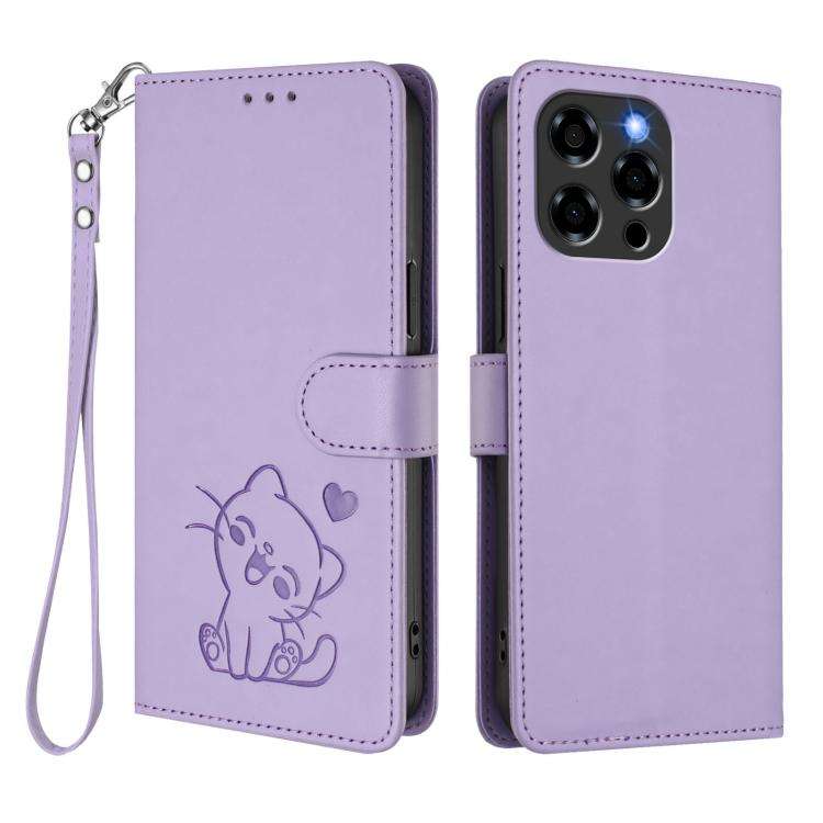 For Doogee Note 58 / Note 58 Pro Embossed Heart Cat Leather Phone Case with Hand Strap(Light Purple)