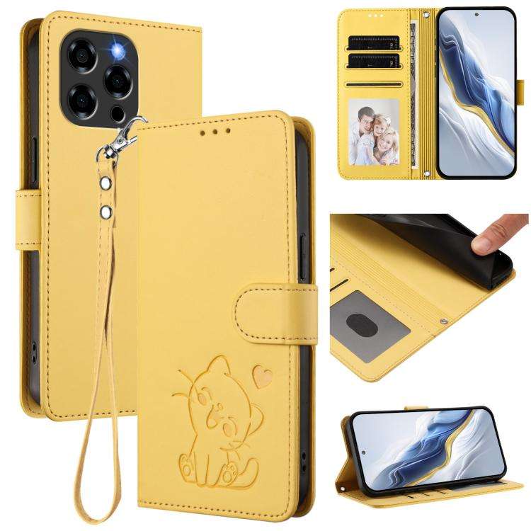 For Doogee Note 58 / Note 58 Pro Embossed Heart Cat Leather Phone Case with Hand Strap(Yellow)
