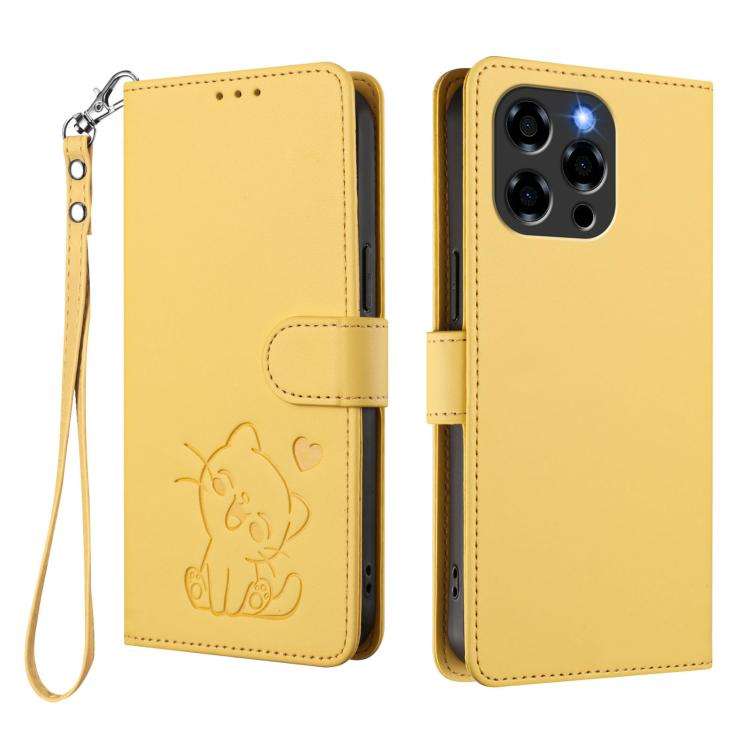 For Doogee Note 58 / Note 58 Pro Embossed Heart Cat Leather Phone Case with Hand Strap(Yellow)