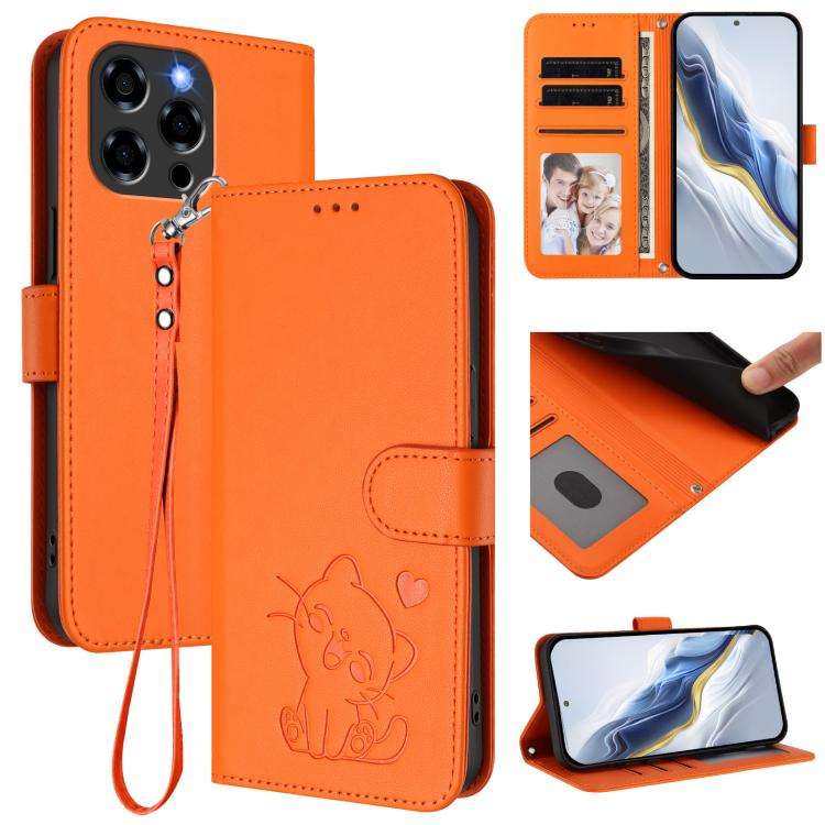 For Doogee Note 58 / Note 58 Pro Embossed Heart Cat Leather Phone Case with Hand Strap(Orange)