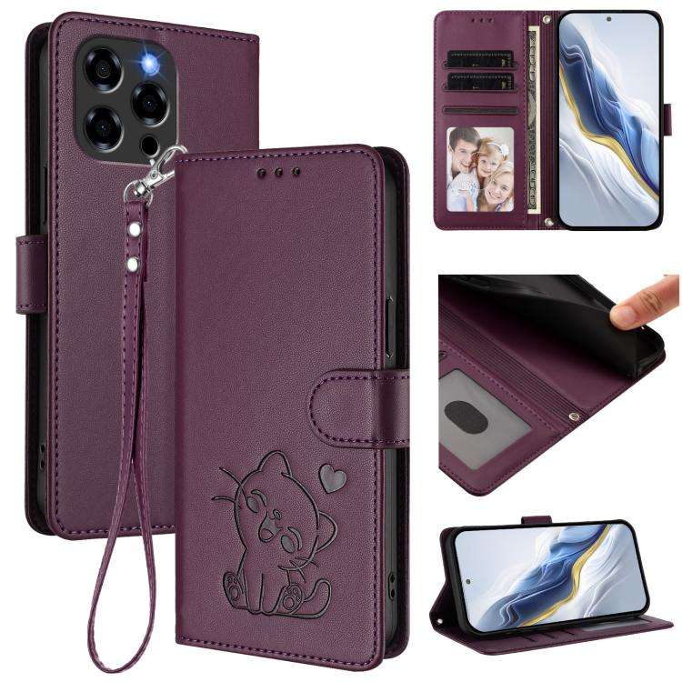 For Doogee Note 58 / Note 58 Pro Embossed Heart Cat Leather Phone Case with Hand Strap(Dark Purple)