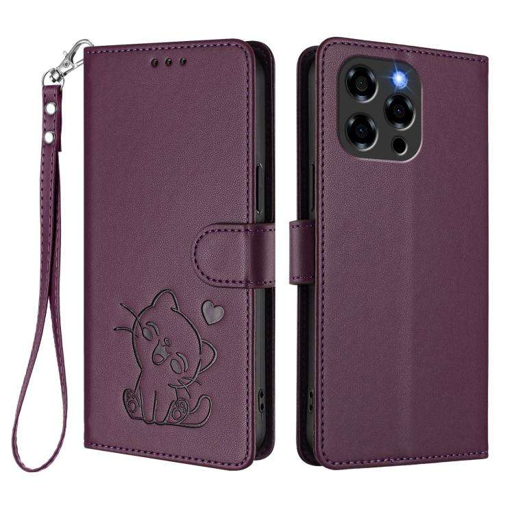 For Doogee Note 58 / Note 58 Pro Embossed Heart Cat Leather Phone Case with Hand Strap(Dark Purple)