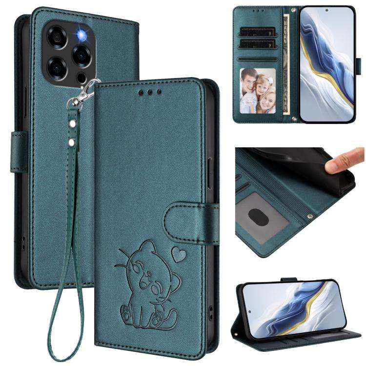 For Doogee Note 58 / Note 58 Pro Embossed Heart Cat Leather Phone Case with Hand Strap(Dark Green)