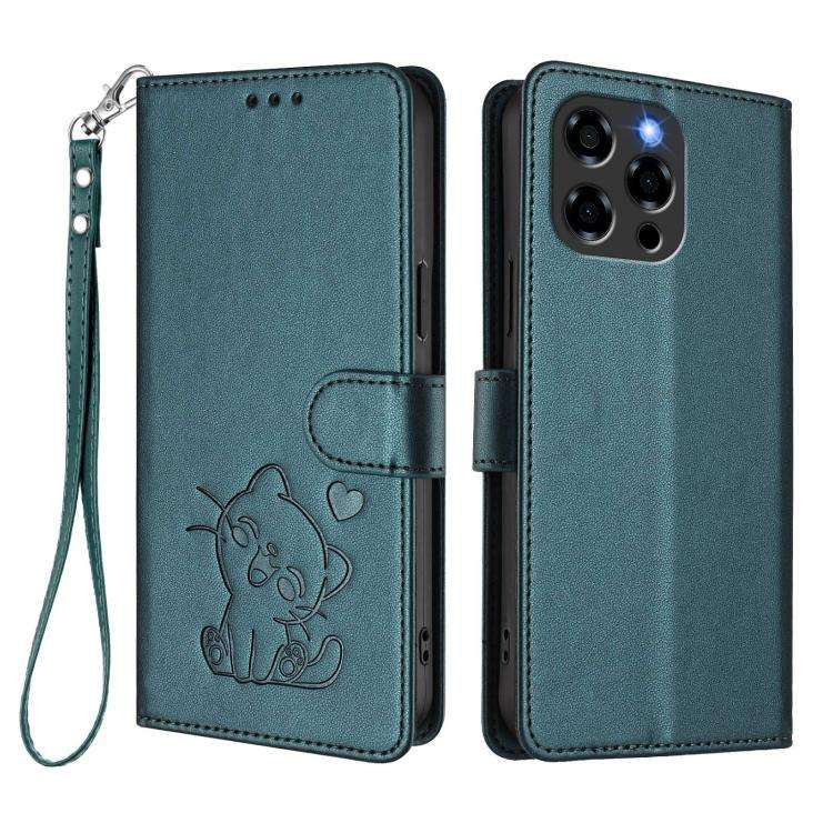 For Doogee Note 58 / Note 58 Pro Embossed Heart Cat Leather Phone Case with Hand Strap(Dark Green)