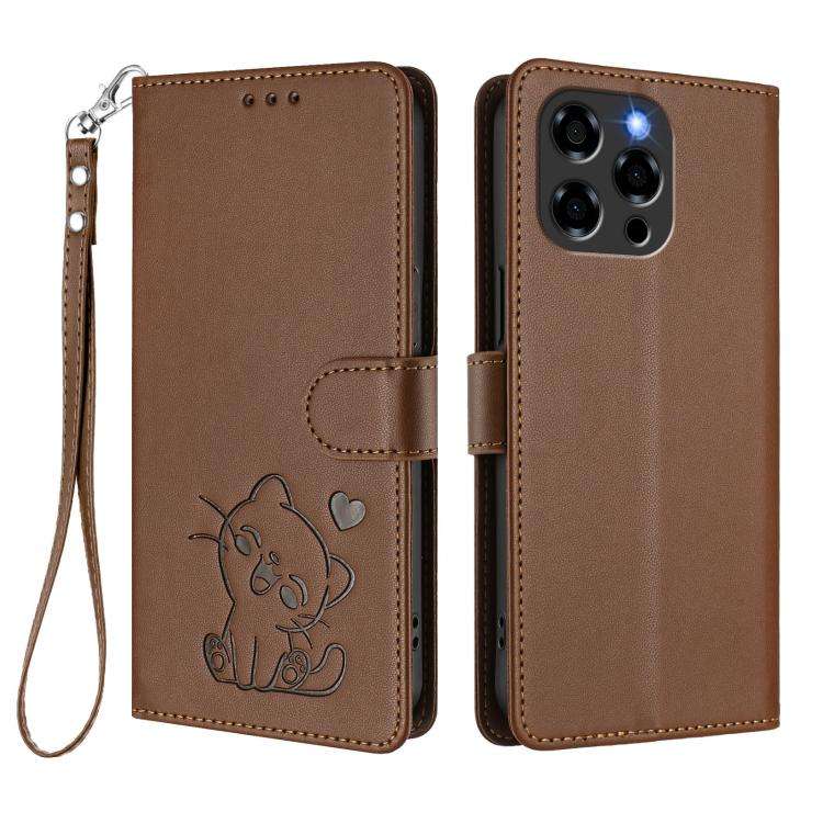 For Doogee Note 58 / Note 58 Pro Embossed Heart Cat Leather Phone Case with Hand Strap(Brown)