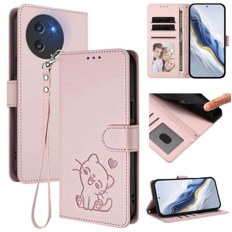 For Doogee Note 59 / Note 59 Pro Embossed Heart Cat Leather Phone Case with Hand Strap(Pink)
