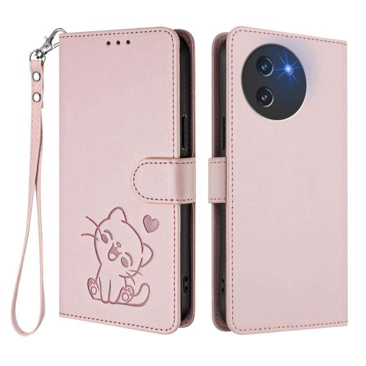 For Doogee Note 59 / Note 59 Pro Embossed Heart Cat Leather Phone Case with Hand Strap(Pink)