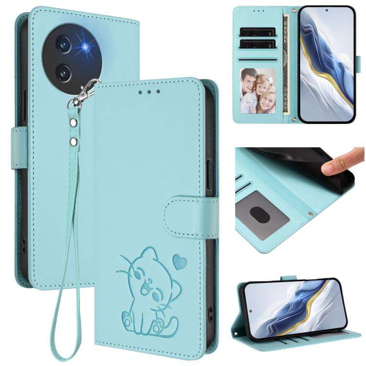 For Doogee Note 59 / Note 59 Pro Embossed Heart Cat Leather Phone Case with Hand Strap(Mint Green)