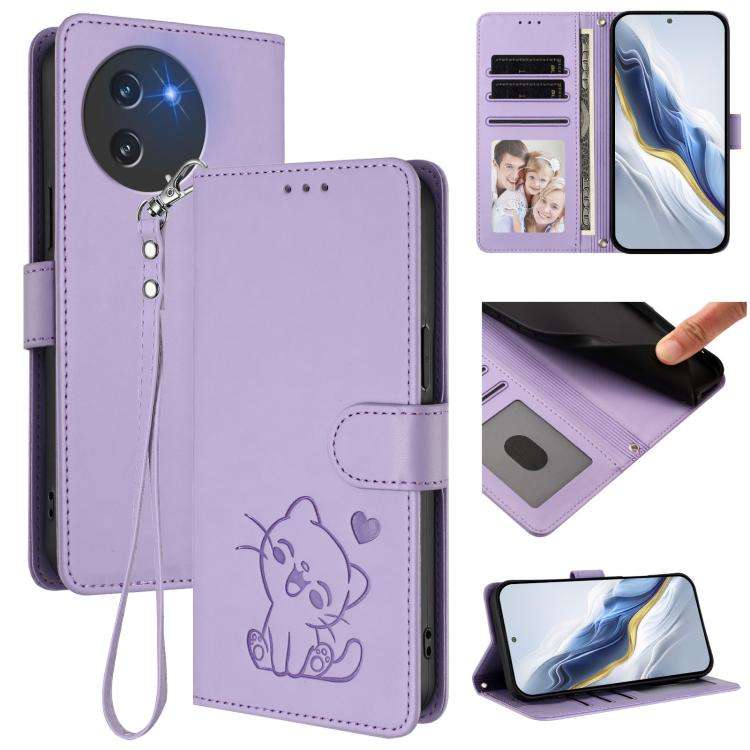For Doogee Note 59 / Note 59 Pro Embossed Heart Cat Leather Phone Case with Hand Strap(Light Purple)