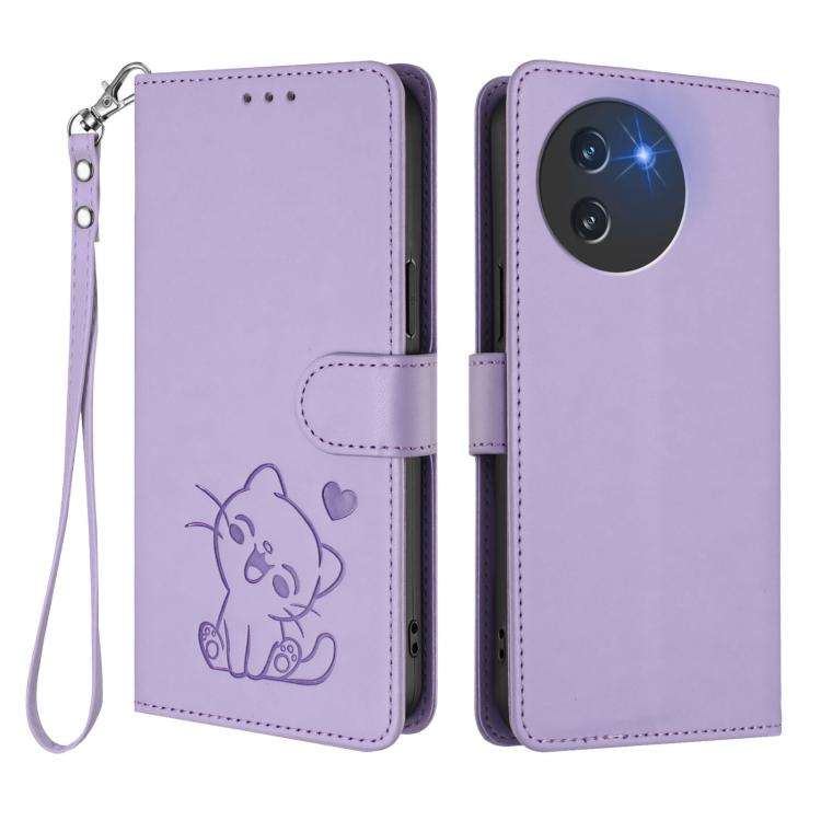 For Doogee Note 59 / Note 59 Pro Embossed Heart Cat Leather Phone Case with Hand Strap(Light Purple)