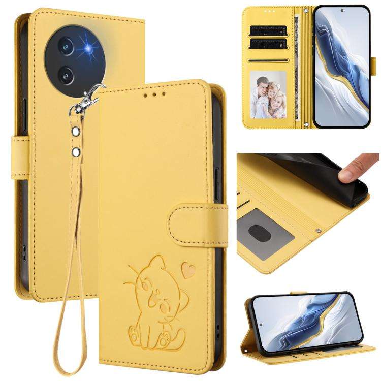 For Doogee Note 59 / Note 59 Pro Embossed Heart Cat Leather Phone Case with Hand Strap(Yellow)