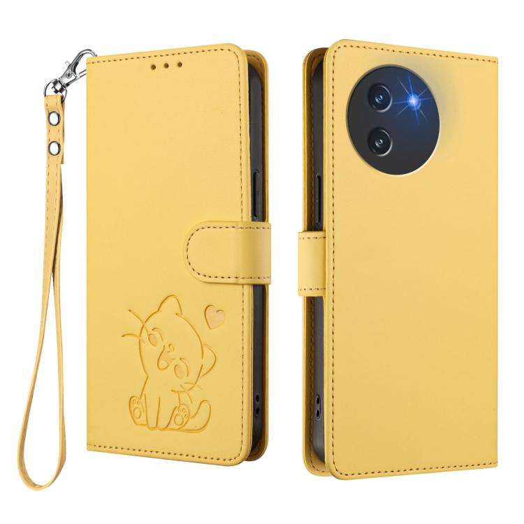 For Doogee Note 59 / Note 59 Pro Embossed Heart Cat Leather Phone Case with Hand Strap(Yellow)