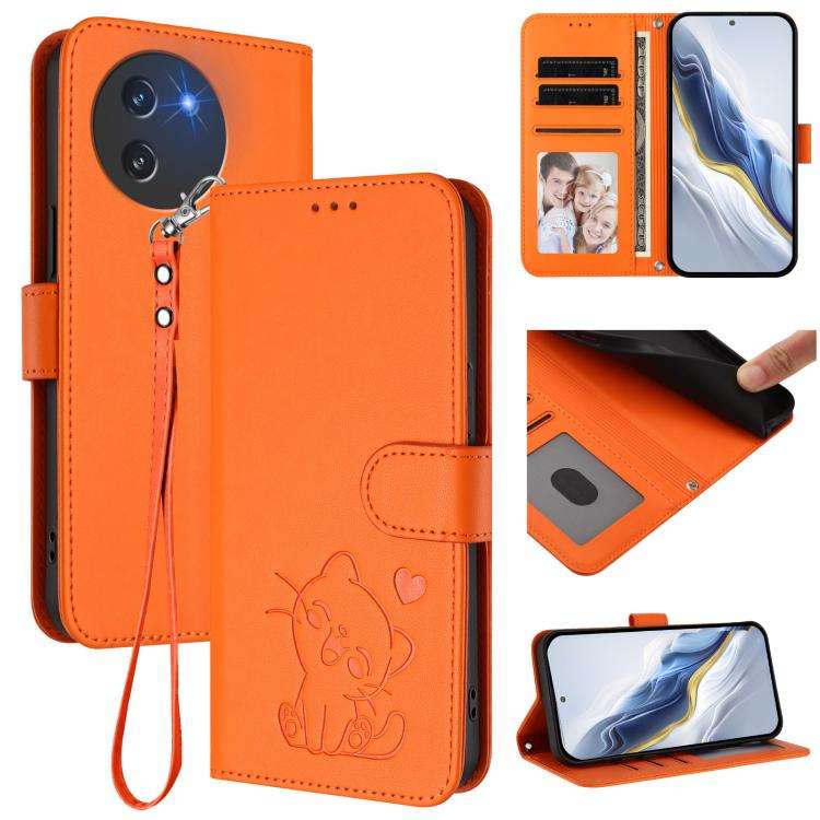 For Doogee Note 59 / Note 59 Pro Embossed Heart Cat Leather Phone Case with Hand Strap(Orange)