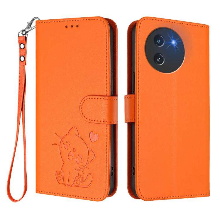 For Doogee Note 59 / Note 59 Pro Embossed Heart Cat Leather Phone Case with Hand Strap(Orange)