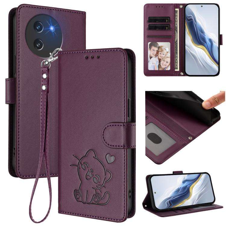 For Doogee Note 59 / Note 59 Pro Embossed Heart Cat Leather Phone Case with Hand Strap(Dark Purple)