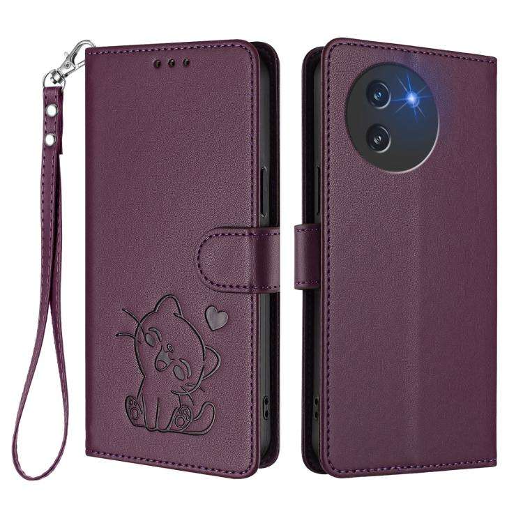 For Doogee Note 59 / Note 59 Pro Embossed Heart Cat Leather Phone Case with Hand Strap(Dark Purple)