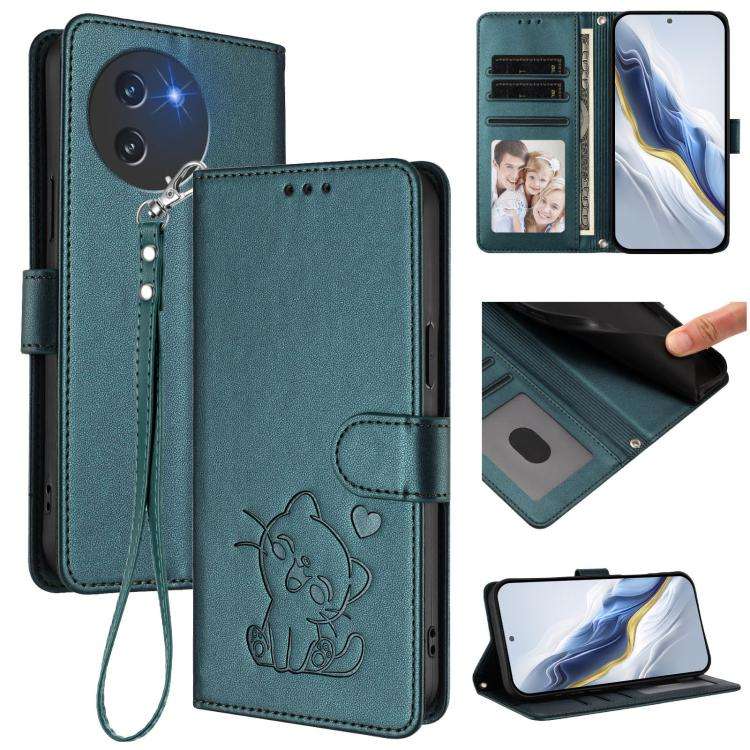 For Doogee Note 59 / Note 59 Pro Embossed Heart Cat Leather Phone Case with Hand Strap(Dark Green)