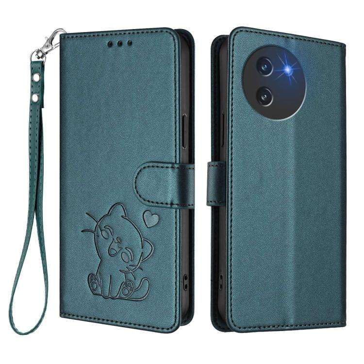 For Doogee Note 59 / Note 59 Pro Embossed Heart Cat Leather Phone Case with Hand Strap(Dark Green)
