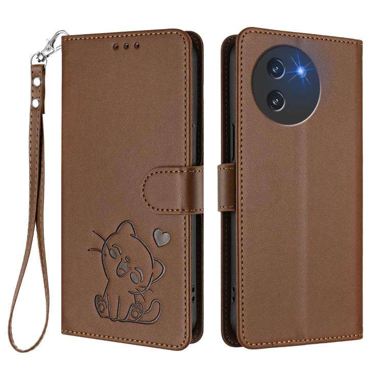 For Doogee Note 59 / Note 59 Pro Embossed Heart Cat Leather Phone Case with Hand Strap(Brown)