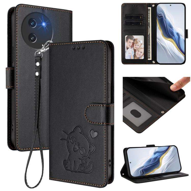For Doogee Note 59 / Note 59 Pro Embossed Heart Cat Leather Phone Case with Hand Strap(Black)