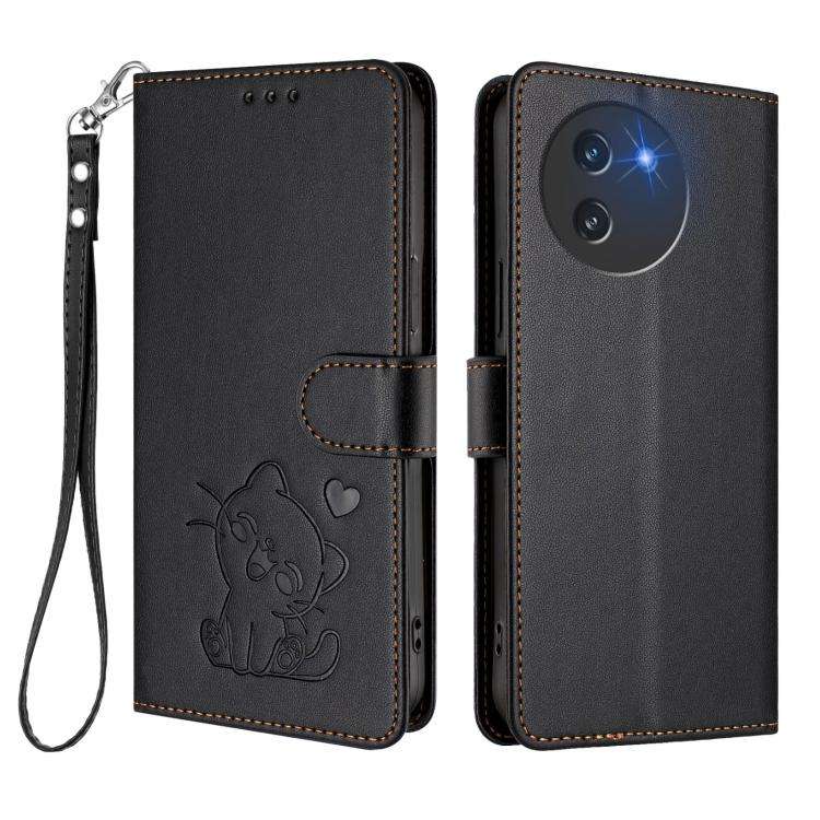 For Doogee Note 59 / Note 59 Pro Embossed Heart Cat Leather Phone Case with Hand Strap(Black)
