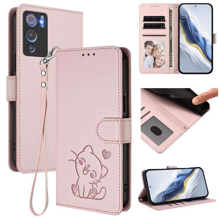 For Doogee N60 Pro Embossed Heart Cat Leather Phone Case with Hand Strap(Pink)