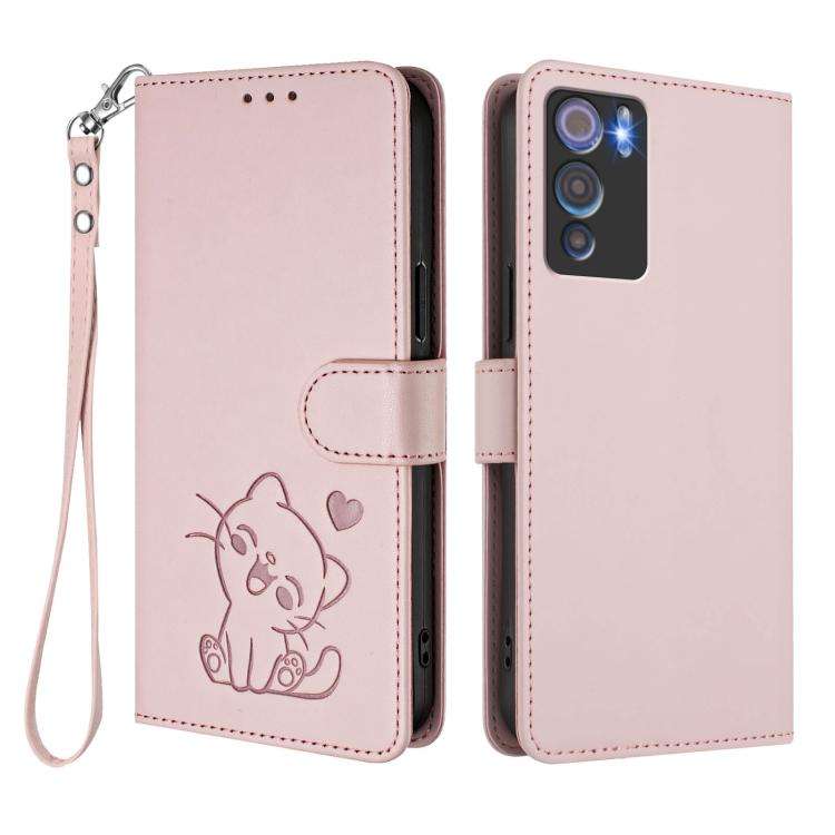 For Doogee N60 Pro Embossed Heart Cat Leather Phone Case with Hand Strap(Pink)