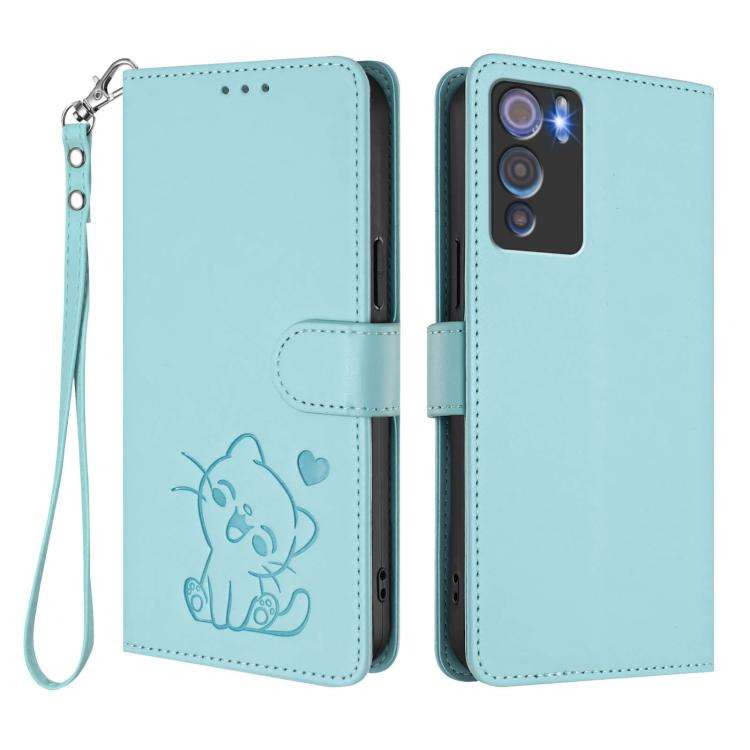 For Doogee N60 Pro Embossed Heart Cat Leather Phone Case with Hand Strap(Mint Green)