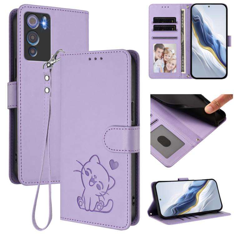 For Doogee N60 Pro Embossed Heart Cat Leather Phone Case with Hand Strap(Light Purple)
