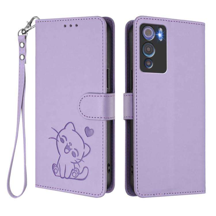 For Doogee N60 Pro Embossed Heart Cat Leather Phone Case with Hand Strap(Light Purple)