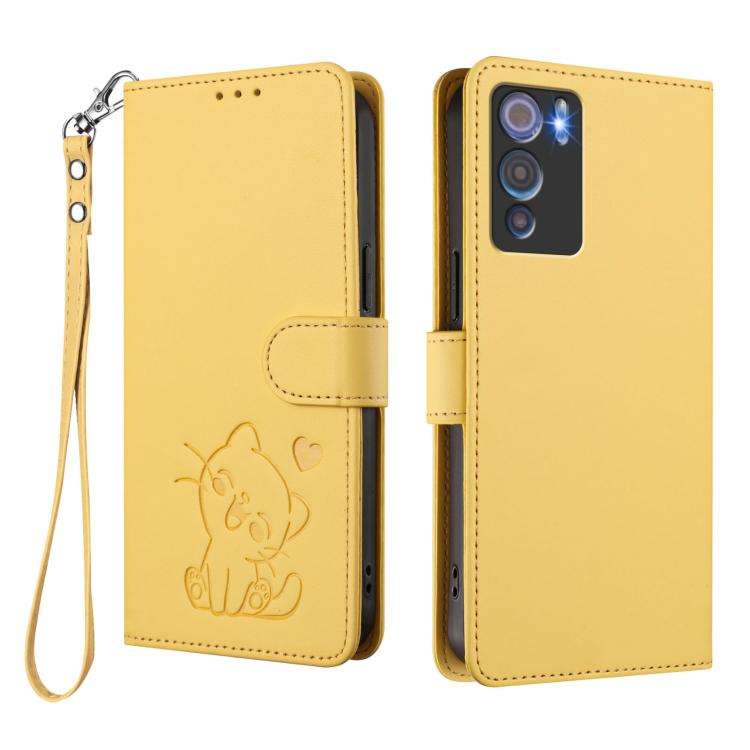 For Doogee N60 Pro Embossed Heart Cat Leather Phone Case with Hand Strap(Yellow)